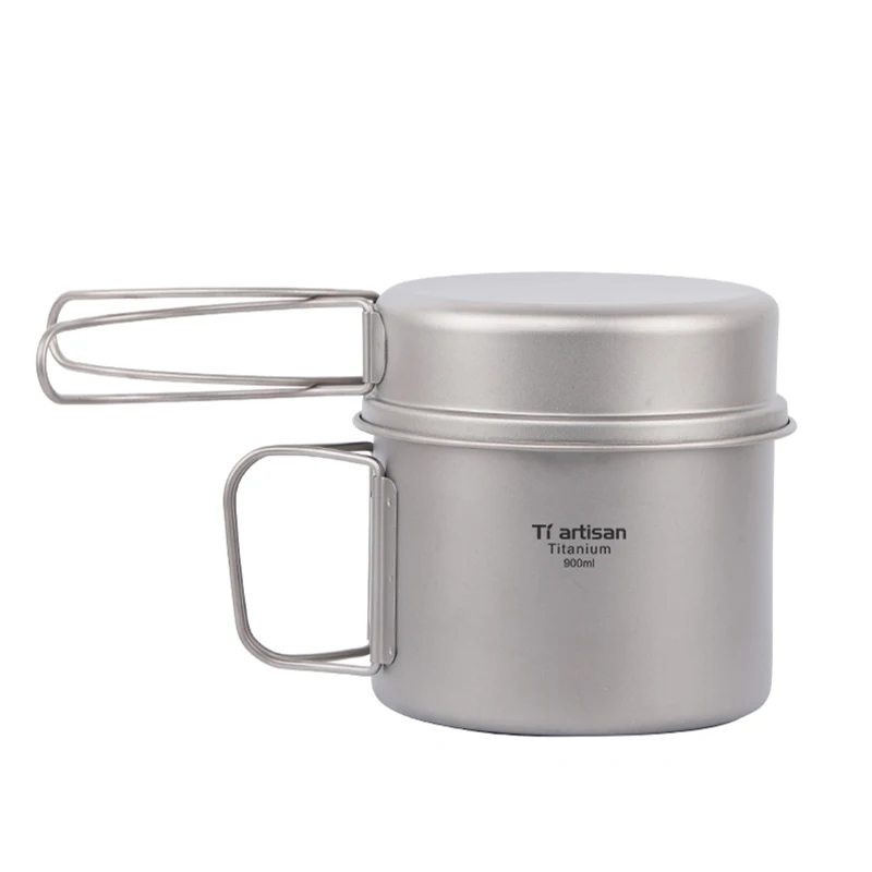 

Tiartisan Titanium Camping Pot Pan Portable Outdoor Camping Cookware Set 900ml Pot and 350ml Fry Pan with Folding Handle Ta8326