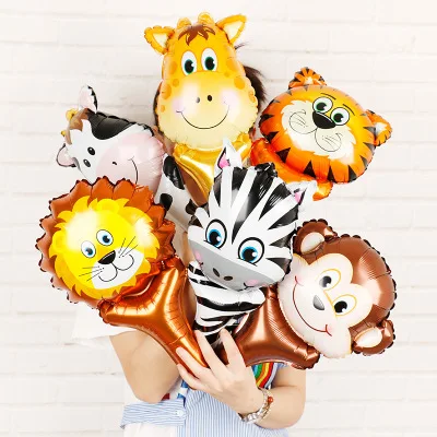 KUAWANLE 100pcs/lot Cartoon Animal Head Tiger Lion Monkey Cow Giraffe Cheer Hand Holding Sticks Foil Balloons Party Supplies Toy | Дом и сад