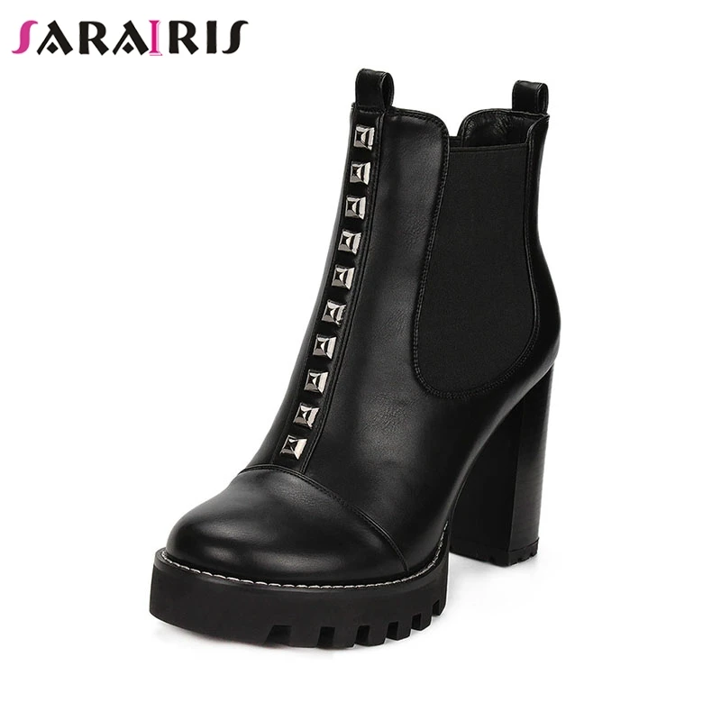 

SARAIRIS New Fashion Large Size 35-41 Elastic Band Ankle Boots Woman Shoes Square High Heels Platform Shoes Woman Boots Female