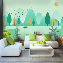 Custom 3d wallpaper modern cartoon forest bird creek castle fisherman TV background wall - silk waterproof material Custom 3d wallpaper modern cartoon forest bird creek castle fisherman TV background wall - silk waterproof material