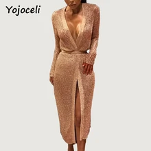 Yojoceli sexy rose gold shine knitted cardigan dress women party club midi bow dress deep v neck 2018 bodcyon knitted dress