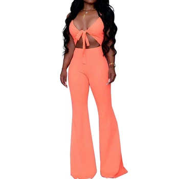 

Solid Deep V Bandage Sexy Loose Jumpsuits Women Crop Top Sleeveless Neon Green Holiday Casual Romper Club Overalls Party Summer