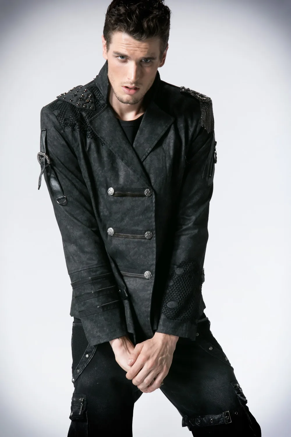 

Men's Gothic Handsome Military Uniform Punk Black Jacket Autumn Winter Steampunk Asymmetric Length Army Button Jacket