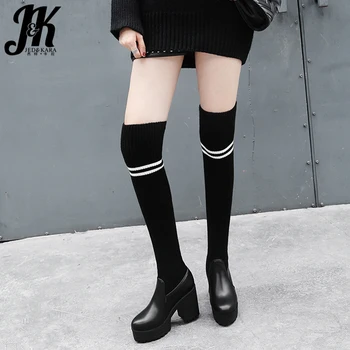 

JK Winter High Heels Women Boots Round Toe Knitting Footwear Stretch Female Boots Platform Over The Knee Sock Shoes Woman 2018