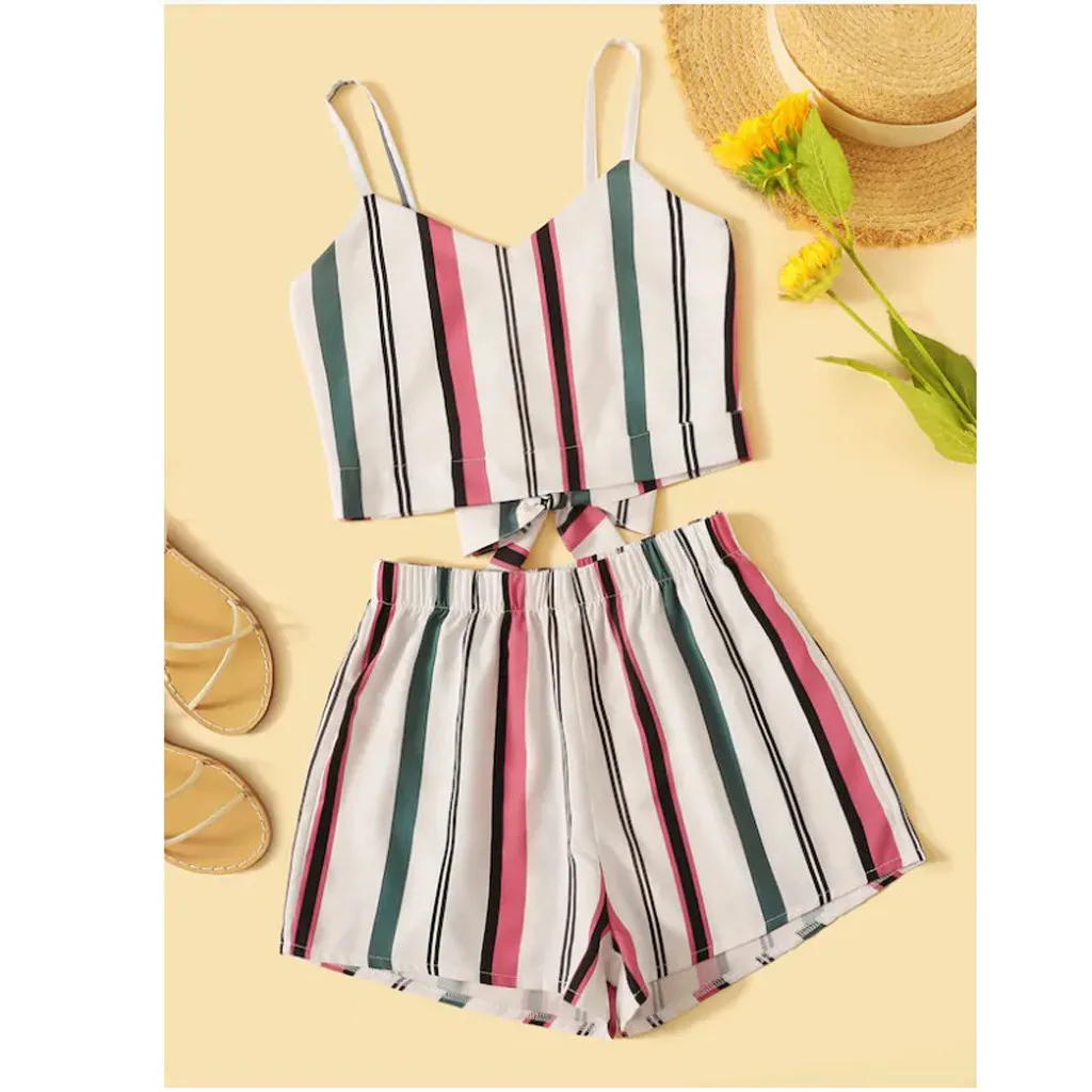 

Women Striped Printed Button Front Cami Top + Shorts Fashion Women Summer Sleeveless Top Wide Leg Bottoms Two-Pieces Set #617