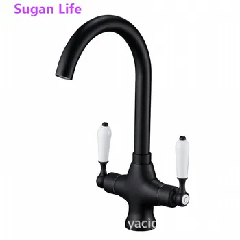 

Sugan Life Black Painted Faucet Swivel Spout Double Handle Single Hole Kitchen Sink Mixer Tap Deck Mount Hot&Cold Water F129