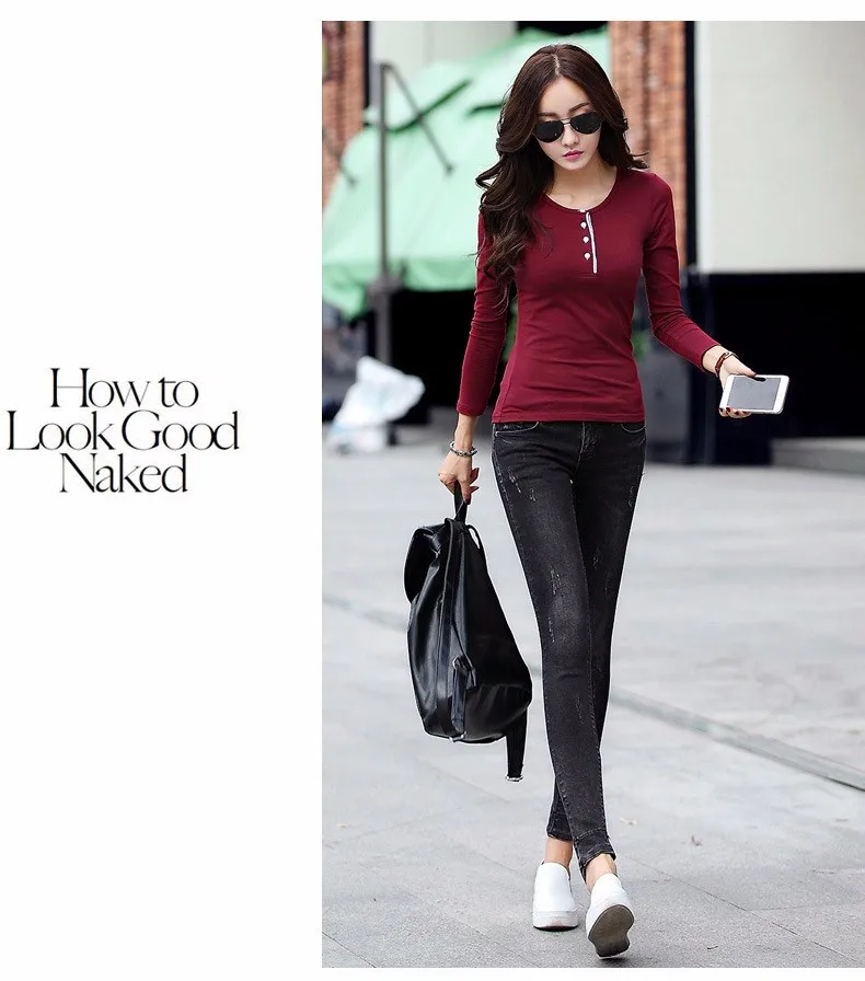 Women Casual Tees 2016 Spring Autumn Top Fashion Slim T-Shirt O Neck Plus Size Colorful Tshirt Camisetas Femme Long Sleeve A76 b
