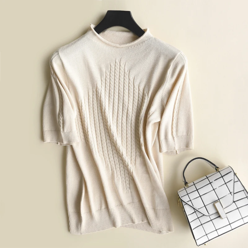 2019 Spring Summer O Neck Knitted Pullover Women Casual Half Sleeve Rib Elastic Female Sweater Tops Korean Pull Femme Clothing