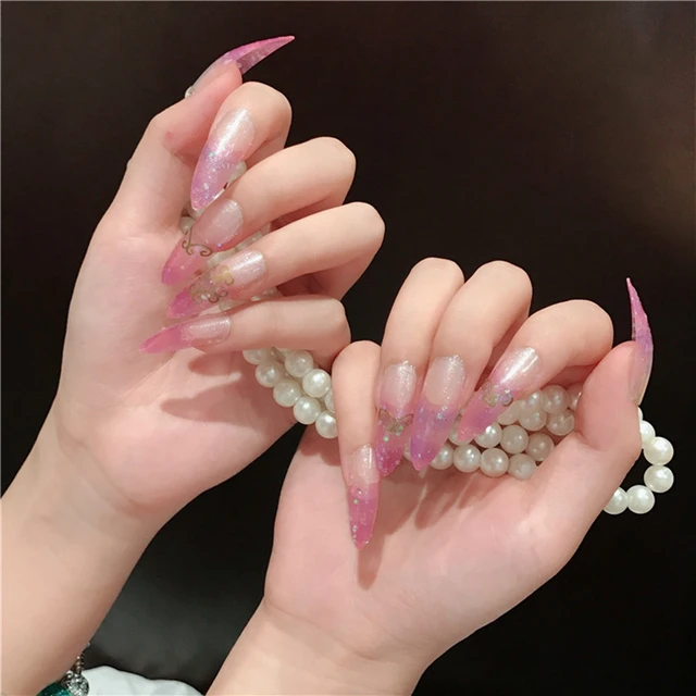 Online Super Long Nail Tips Pointed Curve Fake Nails Light Super Long Nail Tips Pointed Curve Fake Nails Light Purple Clear Glitter Lady Fashion Diy Manicure Tool Accessorries