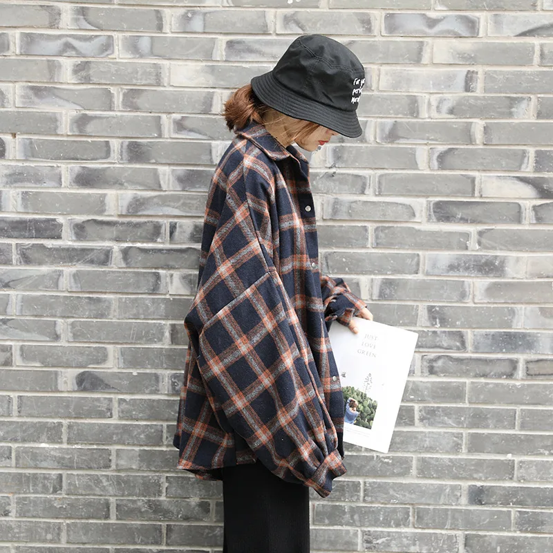  Hot 2018 plaid shirt woolen blouse outwear Bf style korean fashion autumn tops checked Cardigan coa