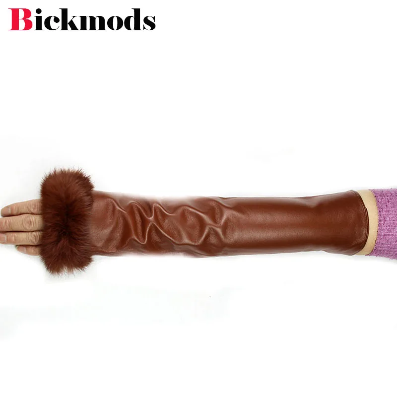 Перчатки из овчины 40 см с длинным рукавом женские модные манжеты из кроличьего меха бархатная подкладка теплые женские кожаные перчатки