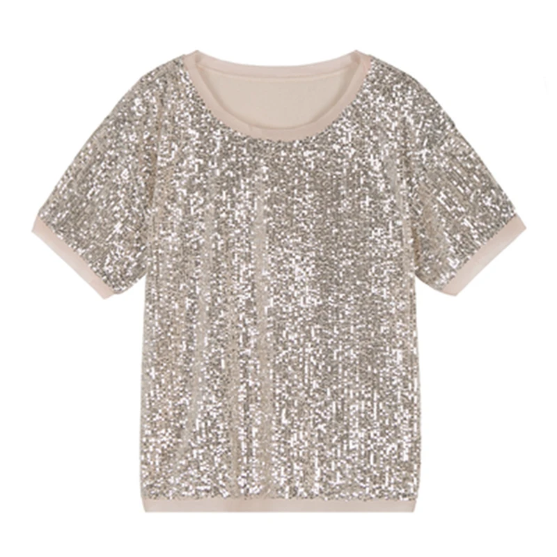 PERHAPS U Beige Sequined Short Sleeve O Neck Back Split Casual T-shirt Women Female Summer New B0477 | Женская одежда