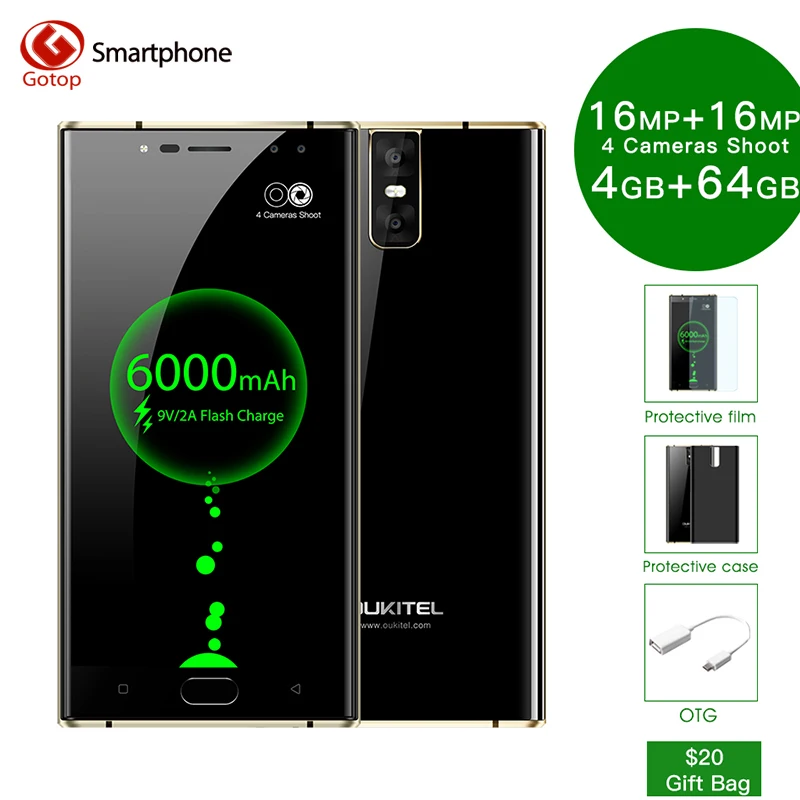 Oukitel K3 6000mAh Battery smartphone Android 7.0 16MP+2MP Mobile phone 4 RAM 64G ROM 4 Cameras 4G LTE Fingerprint Cell Phone