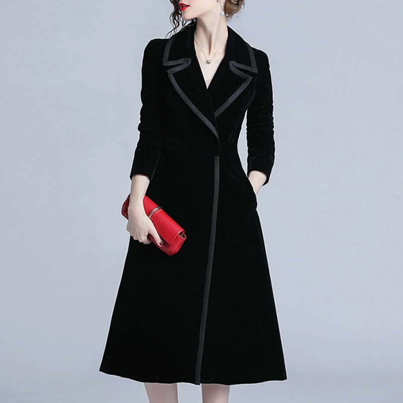 New Elegant Office Women Jacket Coat Velvet Black Simple Notched Collar ...