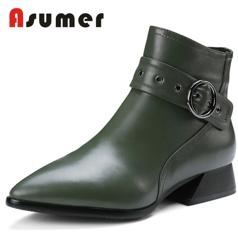

ASUMER 2020 NEW adult ankle boots for women fashion solid winter boots pointed toe thick heels genuine leather boots size 34-42