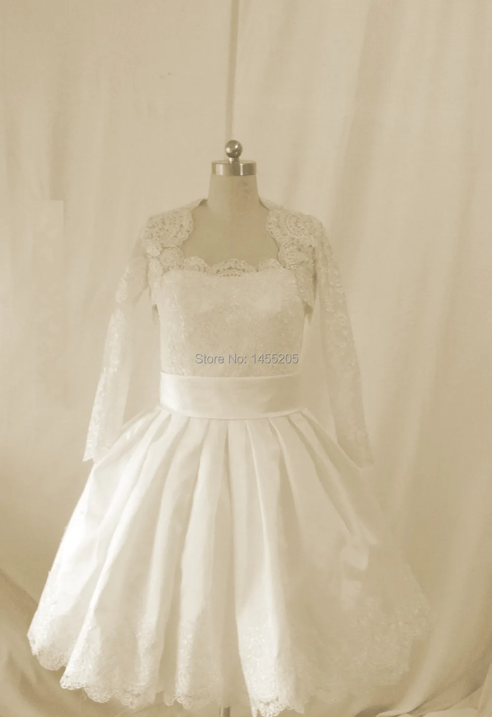 Real Image Strapless A line WHite Satin Lace Appliques Short Wedding Dress With Jacket Weding Dress