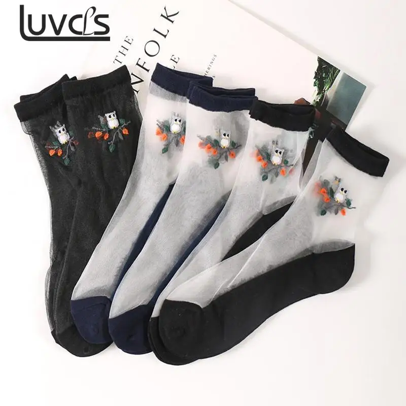 

1Pair Beautiful Women Flower Sock Summer Lace Crystal Glass Silk Socks Short Thin Transparent Owl Flower Elastic Ultrathin Socks