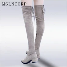 plus size 34-43 Over The Knee Boots Round Toe Women Boots Lady Stretch Fabric Fashion Boots Low Heel Genuine Leather Boots Shoes siemo fashion women round toe low heel over the knee boots casual winter ladies dress shoes us size 4 17 big size customizable