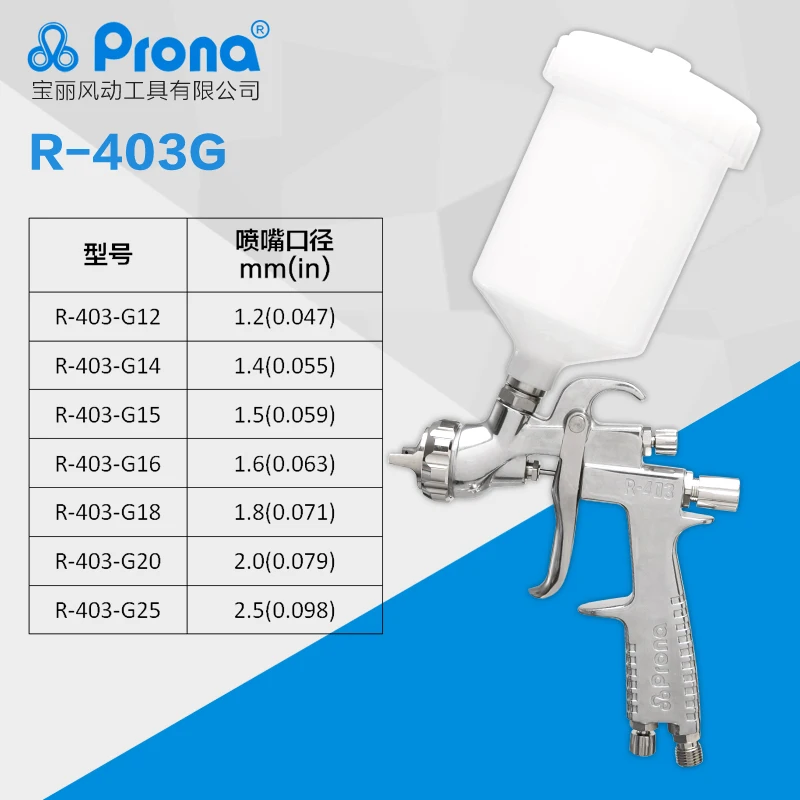 Prona R-403 ручной пистолет с чашкой,, покраска автомобиля пистолет, 1,2 1,4 1,5 1,6 1,8 2,0 2,5 насадка таблицу размеров, чтобы выбрать, R403 пистолет