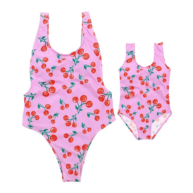 

Mother Daughter Swimsuits Family Matching Clothes Summer Cherry Pattern Beach Mommy And Me One-Pieces Swimwear Clothing Women