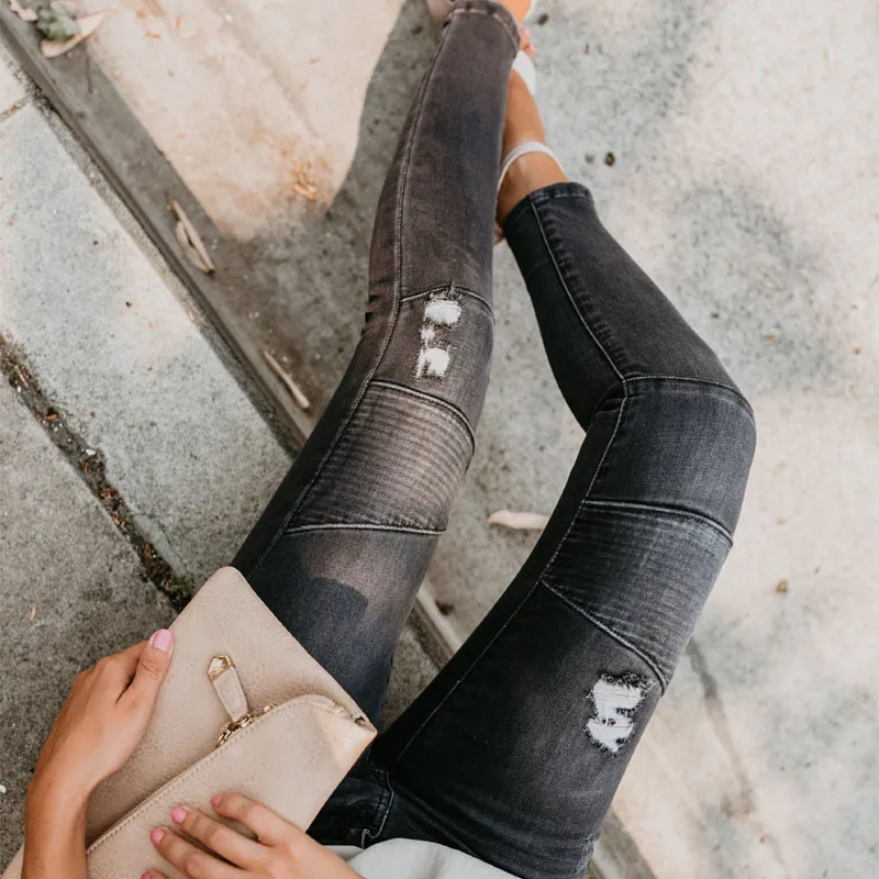 Kl926 Top Selling Women Denim Jeans Hole Elastic Ripped Jeans Middle