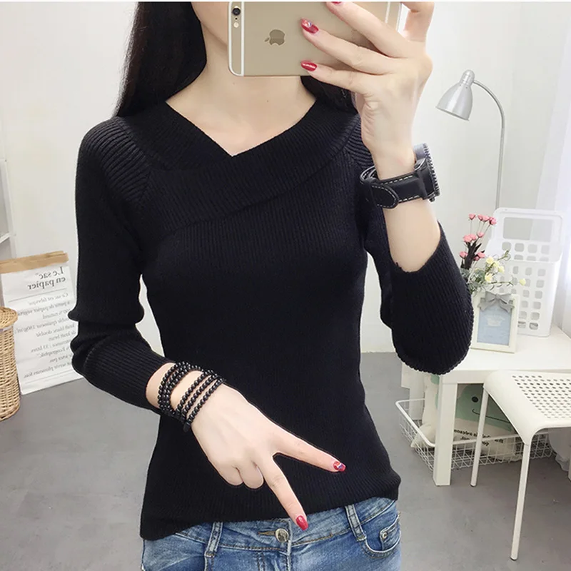 2018 Autumn winter fashion women tops cross V neck tight low shoulder women sweaters and pullovers slim black sweter mujer