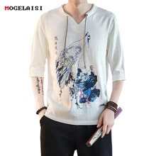 Новые летние мужские рубашки XXXL льняной хлопок в китайском стиле с принтом кран Половина рукава Мужская рубашка без воротника плюс Азиатский Размер M-5XL