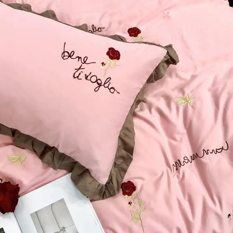 600TC комплект постельного белья из толстого хлопка белого и розового цвета, простыня, пододеяльник, постельное белье linge de lit ropa de cama