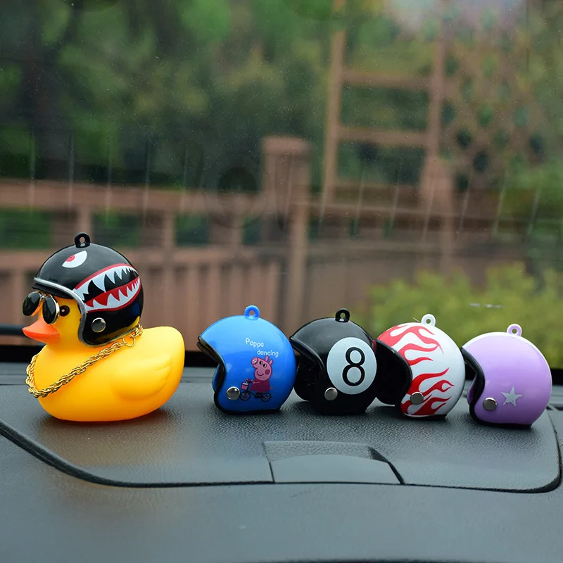 Society Lovely Lucky Duck Car Ornament Creative Decoration Car Dashboard Toys With Helmet And Chain Funny Car Accessories