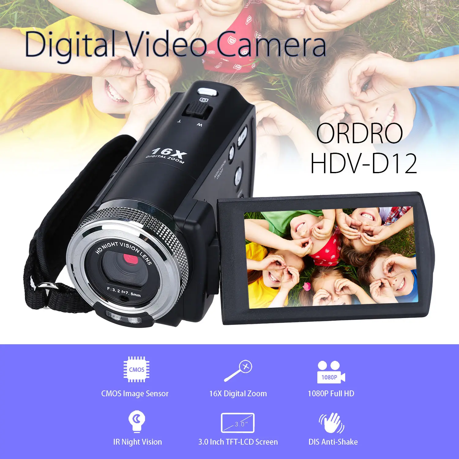 ORDRO HDV-V12 3," lcd 16X цифровой зум 1080P FHD Цифровая видеокамера инфракрасная DVR видео рекордер Ночного Видения CMOS датчик кардридер