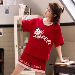 PKSAQ летние для женщин пижамы хлопок мультфильм печати комплект рубашка с короткими рукавами пижамы с круглым вырезом домашняя одежда