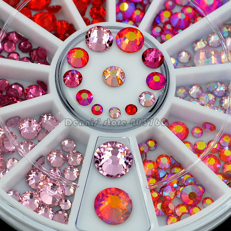  Mix Sizes Glitter Pinks Red Flatback Round Facets Diamond Nail Art Rhinestones Decorations Manicure