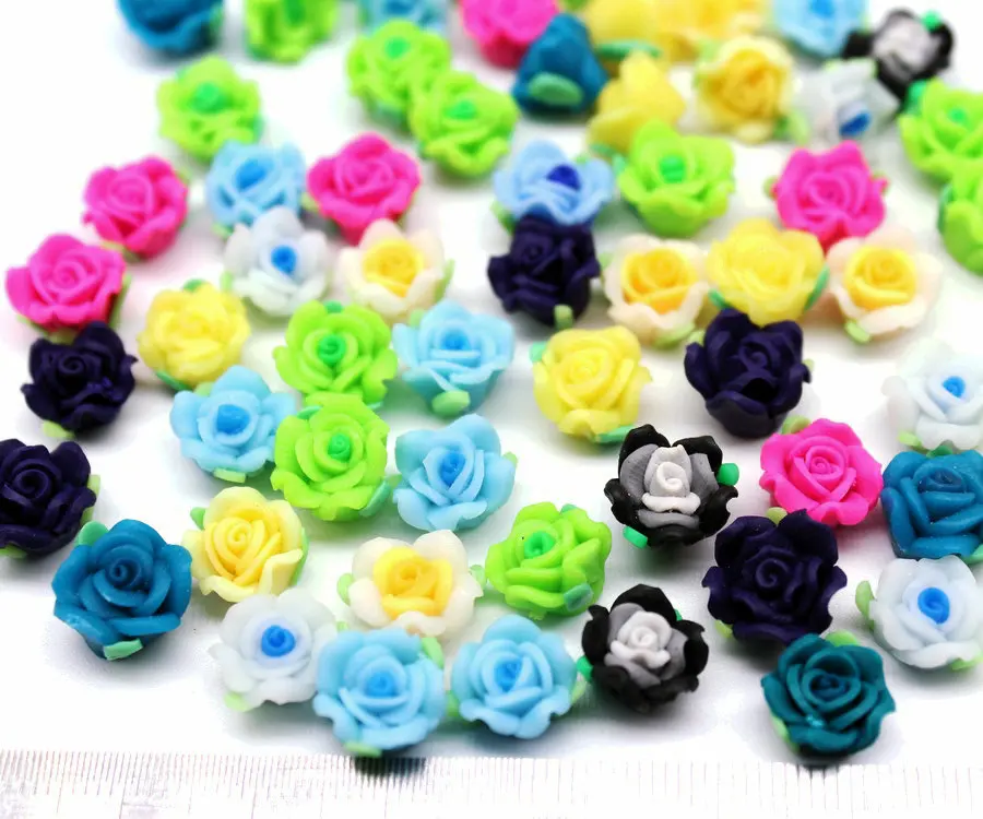 150pcs mix color Fimo Polymer Clay Flower Rose Beads 12mm rose Scrapbooking crafts FIMO flowers with back straight holes|beads 12mm|flower rosebeads