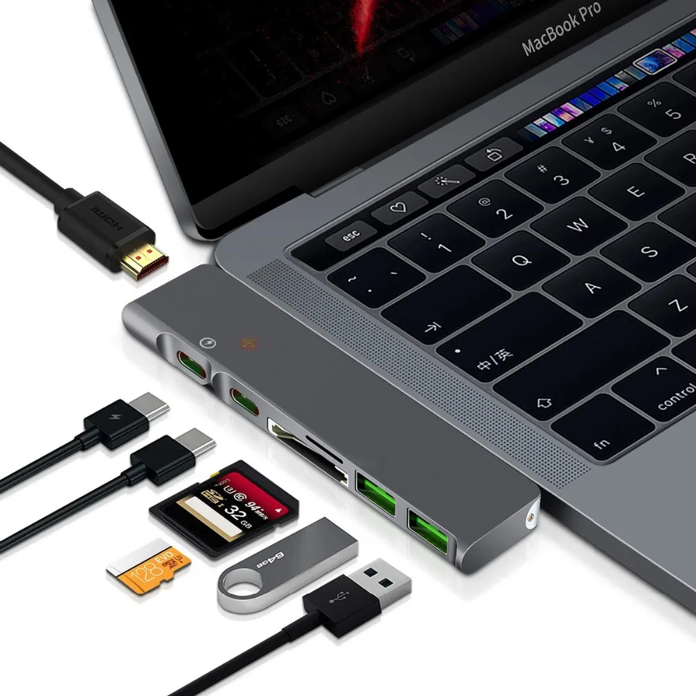 

7 in 1 Multi Port Dongle USB Hubs Suit 2018/2017/2016 MacBook Pro with Thunderbolt 3 (40 Gb/s),100W PD, SD Card Reader, 4K HDMI