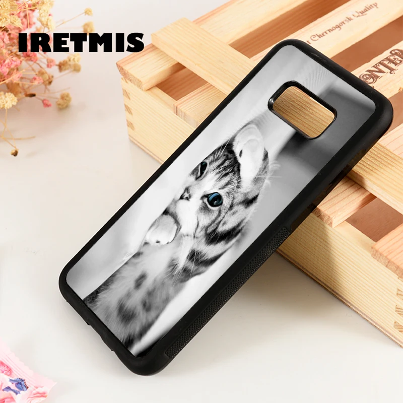 

Iretmis S3 S4 S5 phone case for Samsung Galaxy S6 S7 S8 S9 edge plus Note 3 4 5 8 9 Cat Kitten Cute Black White Girly Blue Eyes