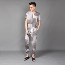 Стиль стилист волос футболка костюм летняя отделка Конопляный материал короткий рукав 9 минут брюки костюм tide L-4XL