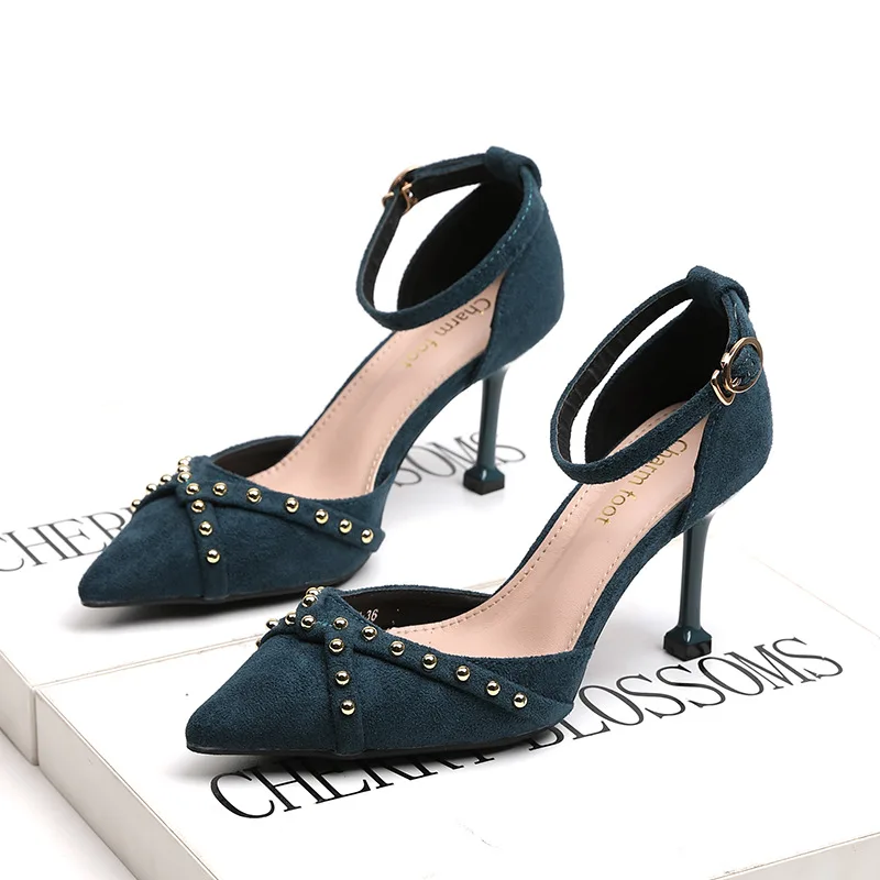 

XZ007 Spring Women Shoes Sexy High Heels Pointed Toe Pumps High Quality Flock Hollow Sandal Pumps Rivet Strap Thin High Heels