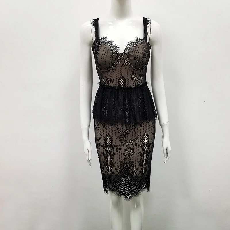 High Quality Black Lace Slip Ruffles Rayon Bandage Dress Evening Party Bodycon Dress (3)