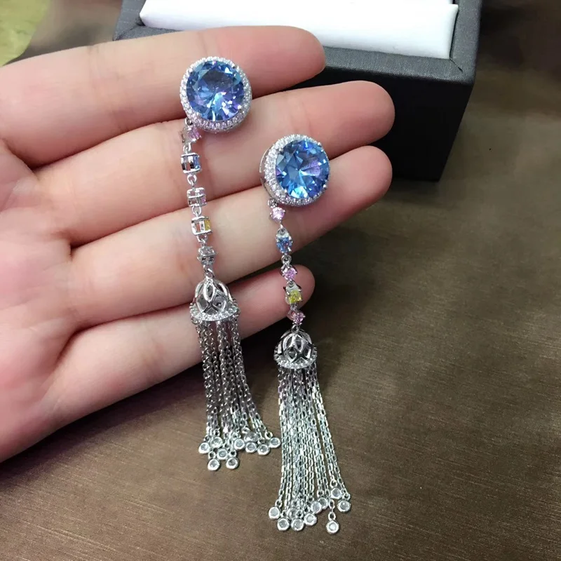 BM Colorful Zircon Tassel Sun Star Dangle Earring 925 Sterling Silver