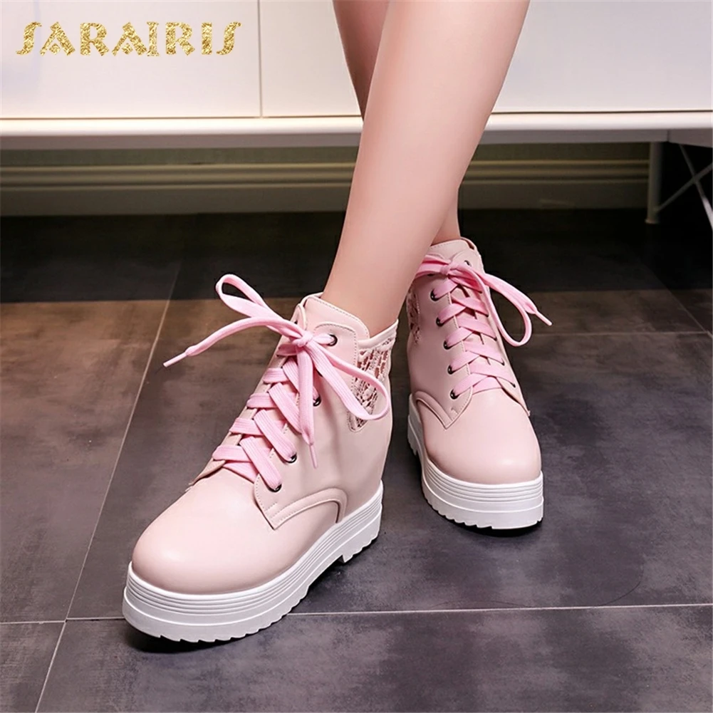 

SARAIRIS 2018 Large Size 35-43 Add Fur Winter Boots Woman Shoes Warm Plush Lace Up Increasing Heel Ankle Boots Shoes Woman