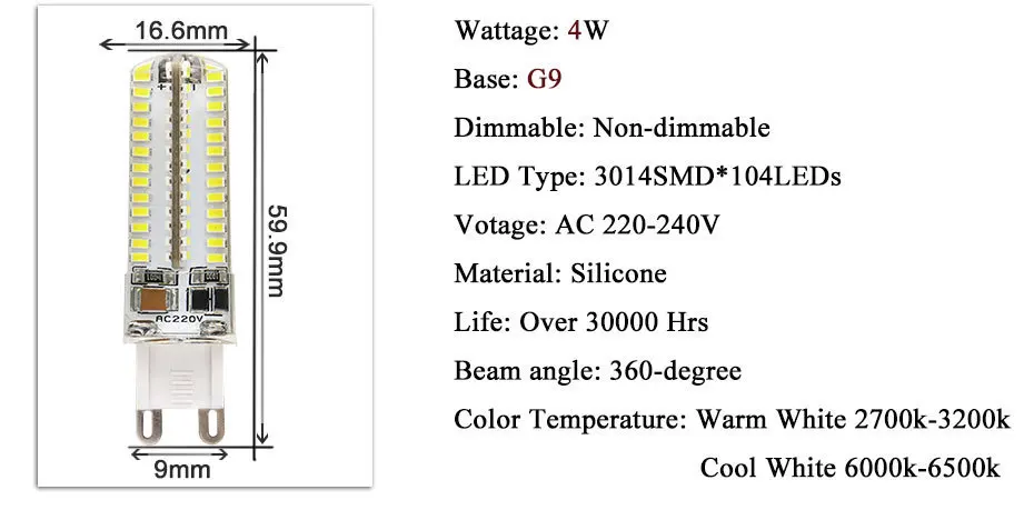 10 шт./партия, G9, светодиодная лампа, AC 220 В, светильник, лампы, 360 градусов, теплый, холодный, белый, Точечный светильник, замена галогеновых ламп, свеча, люстра, светильник s