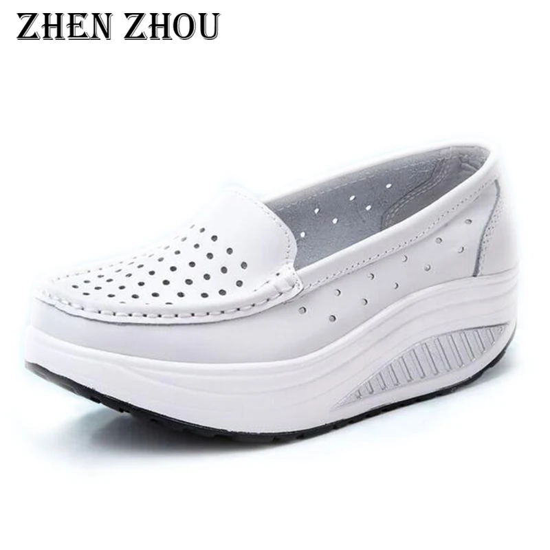 

women casual shoes 2019 genuine sl leather zapatos de enfermera blancos nurse shoes wedges heighten shoes casual shoes women