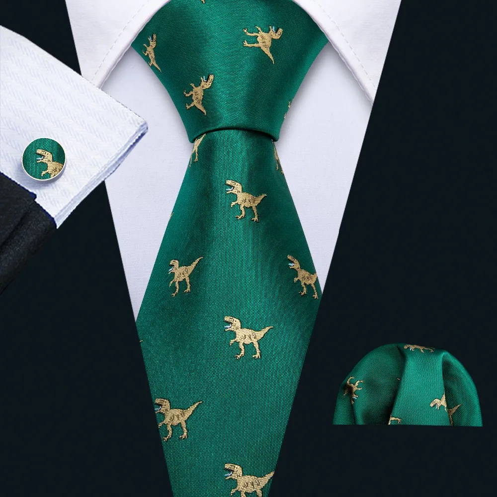 

2019 New Arrival Men's Tie Set Dinosaur Pattern Green Gold Mens Wedding Necktie 8.5cm Necktie Business Silk Ties For Men FA-5192