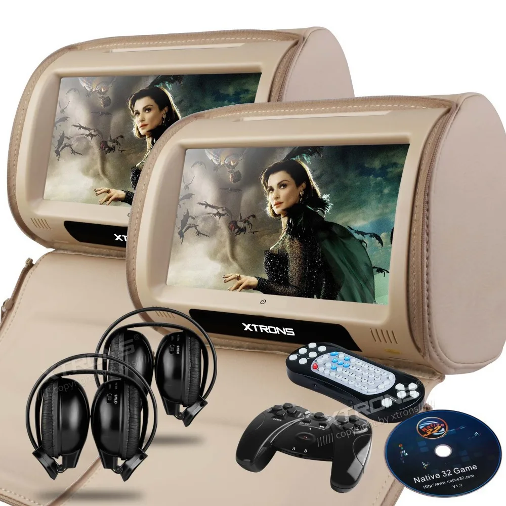 XTRONS One pair Beige Car Headrest DVD Player 9" Touch Screen USB Game