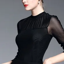 Европа Новинка весна осень Женская мода тонкий стенд воротник с длинным рукавом сексуальные вставки из прозрачной сетки Черная футболка Топы