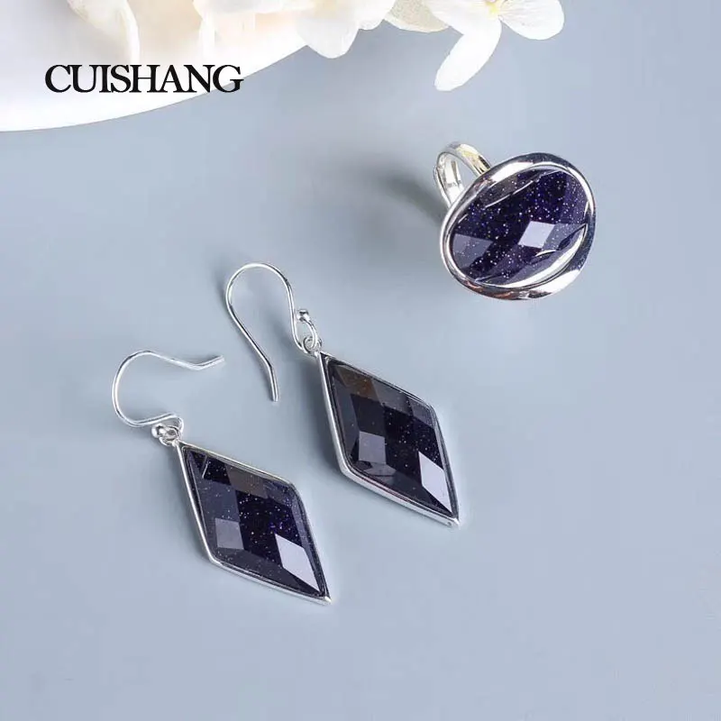 

CSJ 925 Sterling Silver Fashion Fine Jewelry Sets Ring Blue Sand Stone Wedding Engagement Fine Jewelry Party Valentines gift