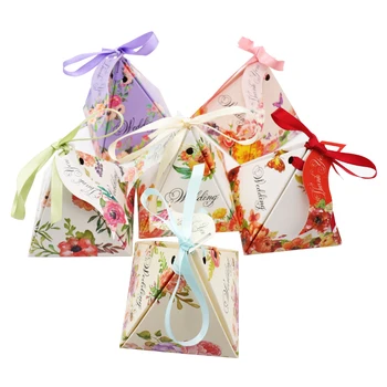 

50pcs Triangular Pyramid Flower Candy Box with Ribbon Tag Chocolate Gift Package Bag for Baby Shower Birthday Wedding Party