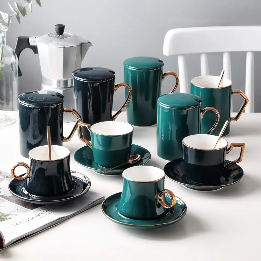 

MUZITY Elegant Ceramic Coffee Cup Set Porcelain Golden Edge Tea Cup and Saucer with 304 Stainless Steel Spoon Ceramic Mugs
