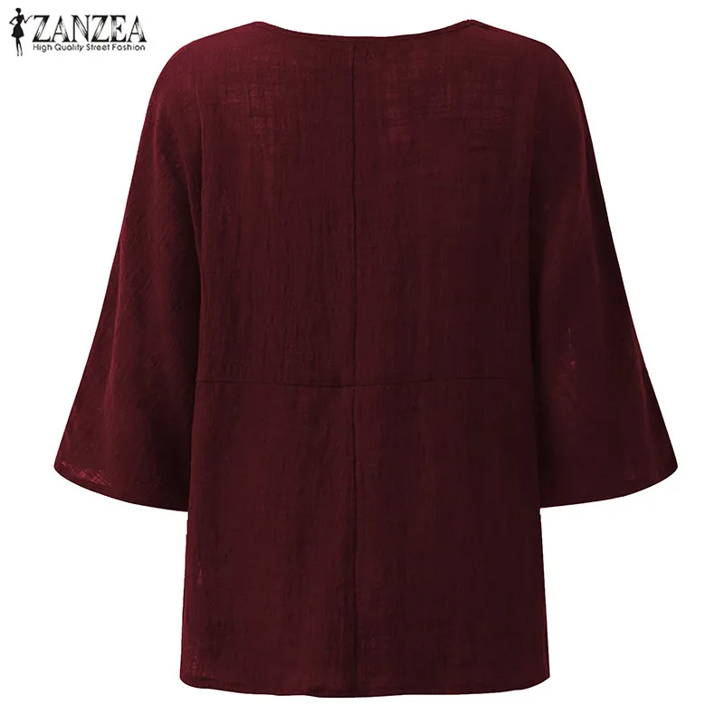 ZANZEA Летняя женская блузка с круглым вырезом и коротким рукавом, Повседневная Свободная однотонная Рабочая Рубашка из хлопка и льна, вечерние блузы размера плюс