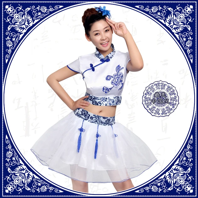 women blue and white porcelain costume cheongsam folk style classical dance drum wear national dance stage performance clothes